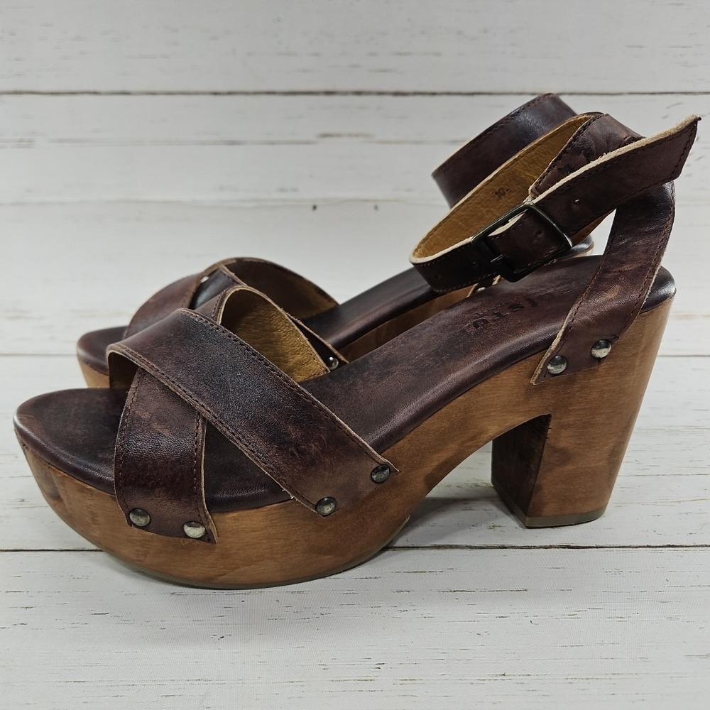 Bed Stu Madeline 10 Brown Rustic Leather Platform Wedge Block Ankle Sandals Boho